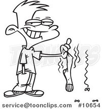 Cartoon Black and White Line Drawing of a Boy Holding a Smelly Sock by Toonaday