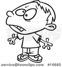 Cartoon Black and White Line Drawing of an Upset Boy by Toonaday