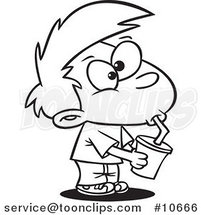 Cartoon Black and White Line Drawing of a Boy Drinking Soda by Toonaday