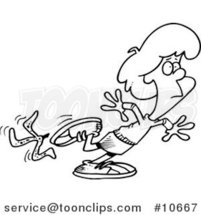 Cartoon Black and White Line Drawing of a Lady Slipping on a Banana Peel by Toonaday