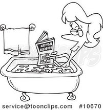 Cartoon Black and White Line Drawing of a Lady Reading in the Bath Tub by Toonaday