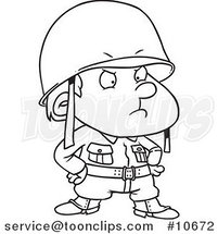 Cartoon Black and White Line Drawing of a Strict Soldier Boy by Toonaday