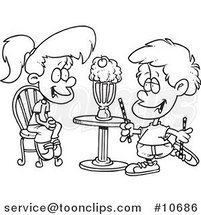 Cartoon Black and White Line Drawing of a Boy and Girl Sharing a Milkshake by Toonaday