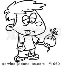 Cartoon Black and White Outline Design of a Disgusted Boy Holding a Turnip by Toonaday