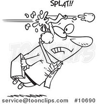 Cartoon Black and White Line Drawing of a Business Man Being Hit with a Snowball by Toonaday