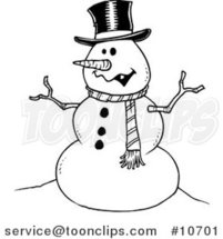 Cartoon Black and White Line Drawing of a Friendly Snowman by Toonaday