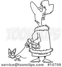 Cartoon Black and White Line Drawing of a Snotty Lady Walking Her Tiny Dog by Toonaday