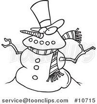 Cartoon Black and White Line Drawing of a Snowman by Toonaday