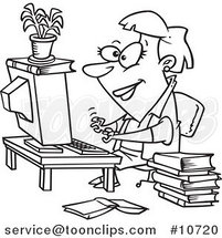 Cartoon Black and White Line Drawing of a Business Woman Working on a Computer by Toonaday