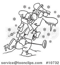 Cartoon Black and White Line Drawing of a Winter Golfer by Toonaday