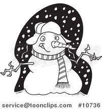Cartoon Black and White Line Drawing of a Welcoming Snowman by Toonaday