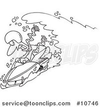 Cartoon Black and White Line Drawing of a Snow Chasing a Snowmobiling Guy by Toonaday