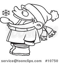 Cartoon Black and White Line Drawing of a Boy Catching Snowflakes with His Tongue by Toonaday