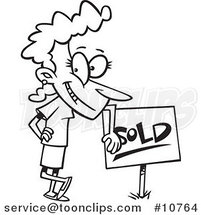 Cartoon Black and White Line Drawing of a Lady Leaning on a Sold Sign by Toonaday