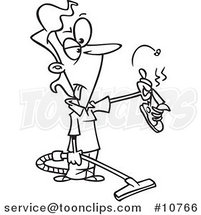 Cartoon Black and White Line Drawing of a Vacuuming Lady Holding a Stinky Shoe by Toonaday