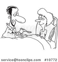 Cartoon Black and White Line Drawing of a Guy Spoon Feeding His Wife by Toonaday