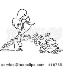 Cartoon Black and White Line Drawing of a Business Woman Spending Cash by Toonaday