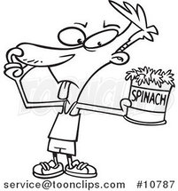 Cartoon Black and White Line Drawing of a Guy Avoiding Spinach by Toonaday