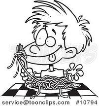 Cartoon Black and White Line Drawing of a Messy Boy Chowing down on Spaghetti by Toonaday