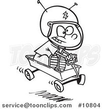 Cartoon Black and White Line Drawing of a Boy Pretending to Ride a Space Wagon by Toonaday