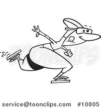 Cartoon Black and White Line Drawing of a Speed Skater by Toonaday