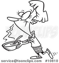 Cartoon Black and White Line Drawing of a Lady Carrying Soup by Toonaday