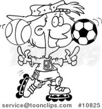 Cartoon Black and White Line Drawing of a Sporty Girl Roller Blading with a Basketball and Soccer Ball by Toonaday