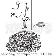 Cartoon Black and White Line Drawing of a Guy Waving a White Flat in a Pile of Spam Email by Toonaday