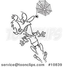 Cartoon Black and White Line Drawing of a Spider Scaring a Lady by Toonaday