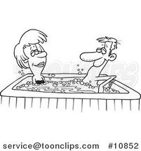 Cartoon Black and White Line Drawing of a Couple in a Hot Tub by Toonaday