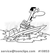 Cartoon Black and White Line Drawing of a Black Guy on a Speed Boat by Toonaday