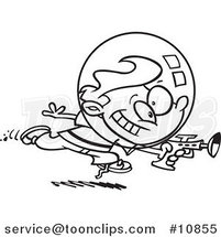 Cartoon Black and White Line Drawing of a Space Boy Using a Ray Gun by Toonaday