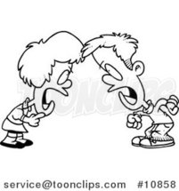 Cartoon Black and White Line Drawing of a Boy and Girl Having a Yelling Match by Toonaday