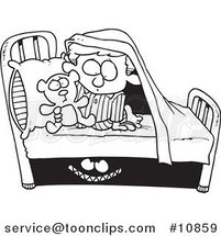 Cartoon Black and White Line Drawing of a Monster Scaring a Boy Under a Bed by Toonaday