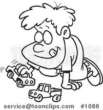 Cartoon Black and White Outline Design of a Boy Playing with Toy Cars by Toonaday