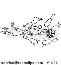 Cartoon Black and White Line Drawing of a Lady Stuck to Her Bowling Ball by Toonaday