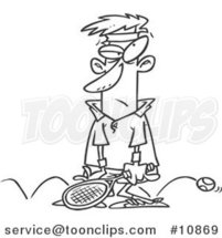 Cartoon Black and White Line Drawing of a Sore Tennis Loser by Toonaday