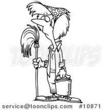 Cartoon Black and White Line Drawing of a Lady Mopping While Spring Cleaning by Toonaday