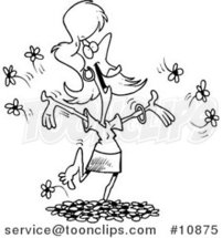 Cartoon Black and White Line Drawing of a Lady Playing in Spring Flowers by Toonaday