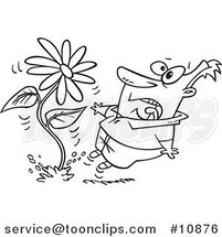 Cartoon Black and White Line Drawing of a Guy Screaming at a Giant Daisy Springing up by Toonaday