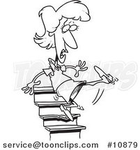 Cartoon Black and White Line Drawing of a Lady Falling down Stairs by Toonaday