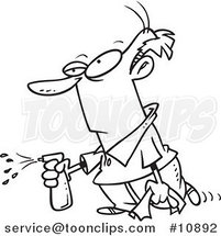 Cartoon Black and White Line Drawing of a Guy Spraying by Toonaday