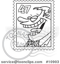 Cartoon Black and White Line Drawing of a Postmarked Stamp by Toonaday