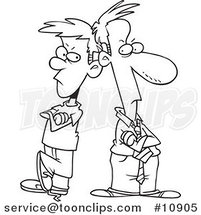 Cartoon Black and White Line Drawing of a Father and Son Having a Stand off by Toonaday
