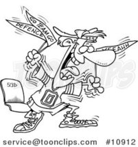 Cartoon Black and White Line Drawing of a Crazy Sports Fan by Toonaday