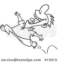 Cartoon Black and White Line Drawing of a Happy Springy Guy Running Barefoot by Toonaday