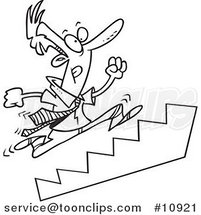 Cartoon Black and White Line Drawing of a Business Man Running up Stairs by Toonaday