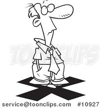 Cartoon Black and White Line Drawing of a Business Man Standing on an X by Toonaday