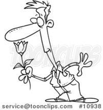 Cartoon Black and White Line Drawing of a Guy Smelling a Spring Flower by Toonaday