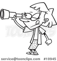 Cartoon Black and White Line Drawing of a Spying Lady by Toonaday